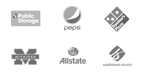 Customer logos - Public Storage, Pepsi, Domino's Pizza, Michigan, Allstate, Saddleback Church